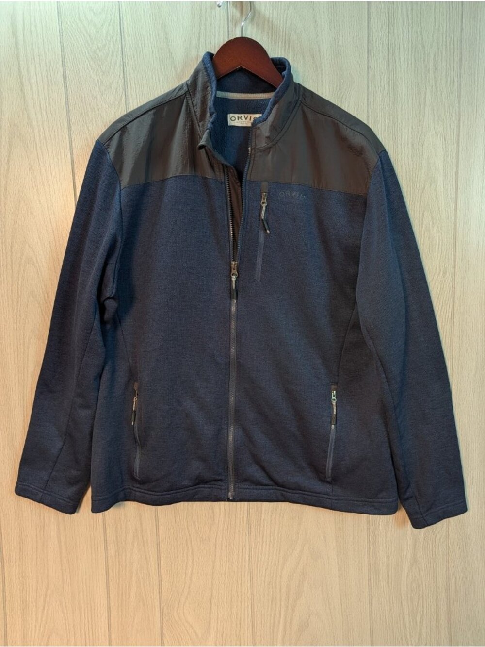 Orvis Bonded Mesh Full Zip Jacket Mens Large Navy Blue Gray Mock Neck